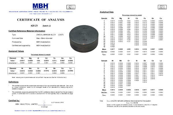 MBH 42XZ1鋅標樣 - 高精度光譜分析標準樣品